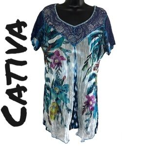 Cativa By Bellissima Women’s Blue Floral Print Layered Boho Tunic Top Size XL